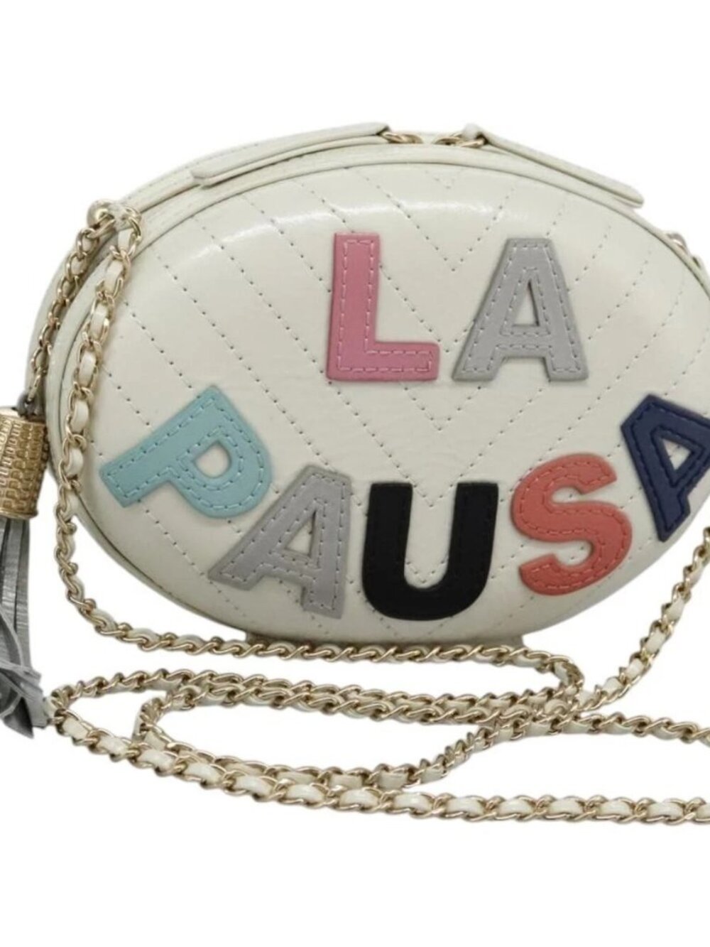 CHANEL V Stitch LA PAUSA Chain Shoulder Bag Leather White CC Auth bs23014SAV